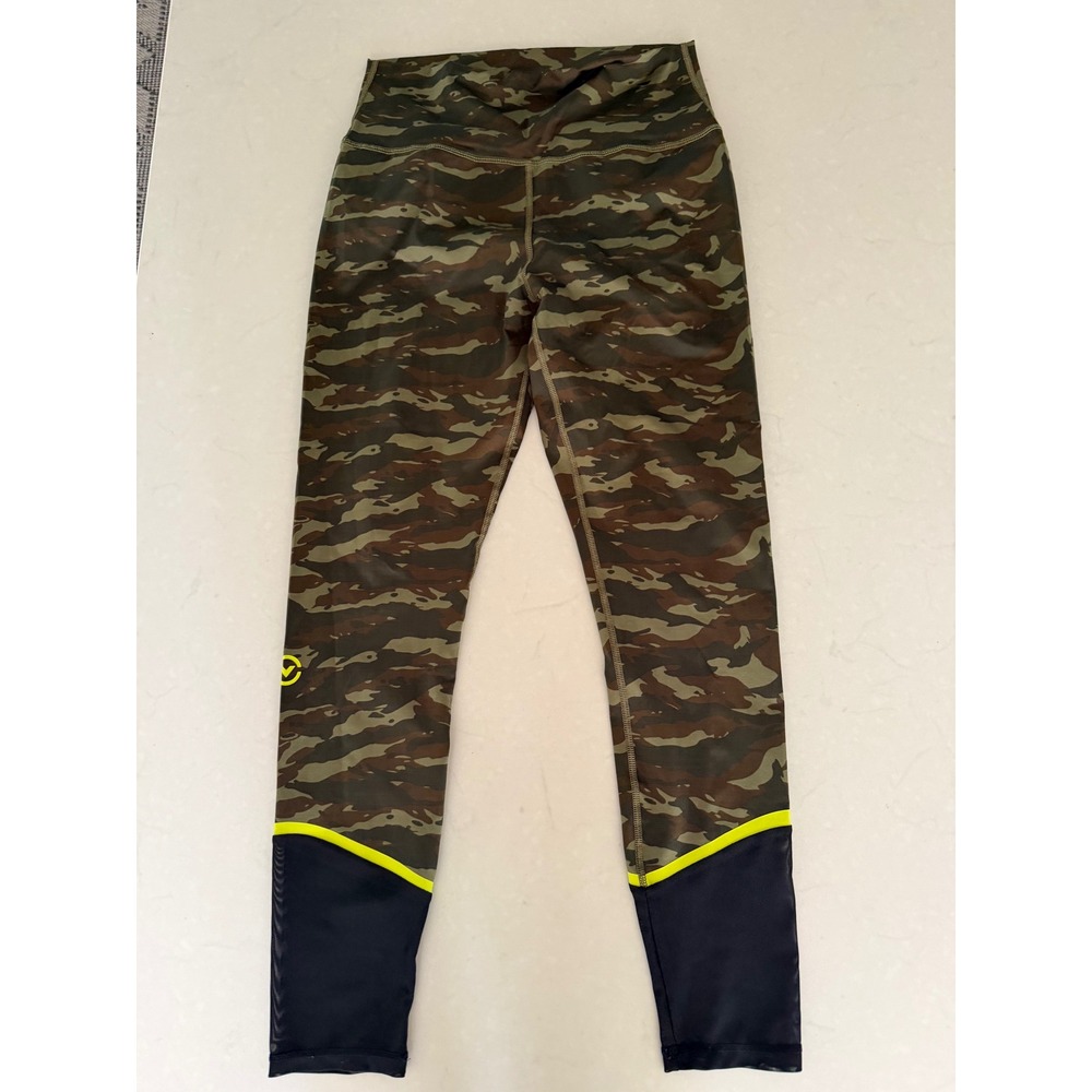 Virus Performance Camo Mesh Leggings Womens Large Green Brown Neon Yellow Piping